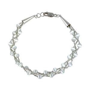 Braided White Synthetic Cat's Eye Bracelet | Sterling Liquid Silver 925 | 7"